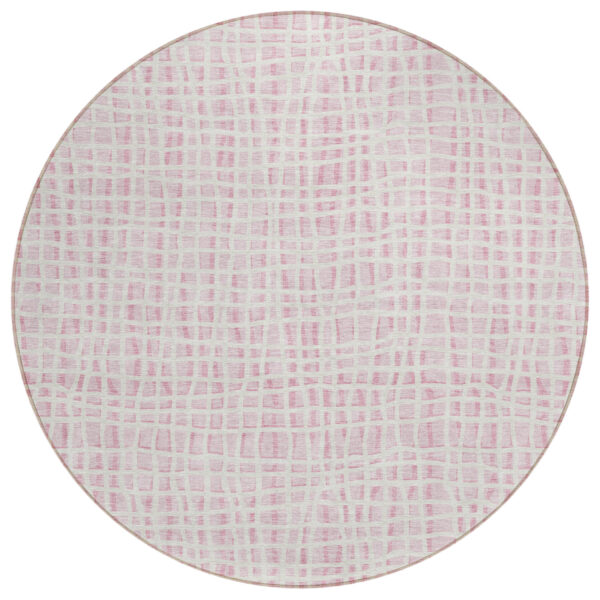 8' Pink And Ivory Round Striped Washable Indoor Outdoor Area Rug