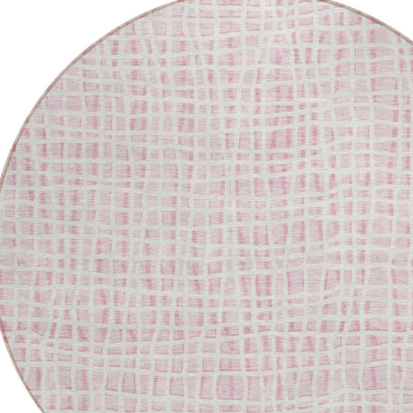 8' Pink And Ivory Round Striped Washable Indoor Outdoor Area Rug