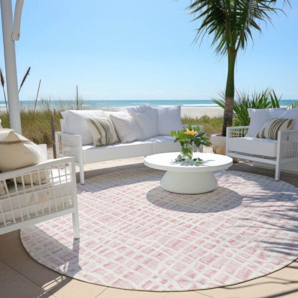 8' Pink And Ivory Round Striped Washable Indoor Outdoor Area Rug