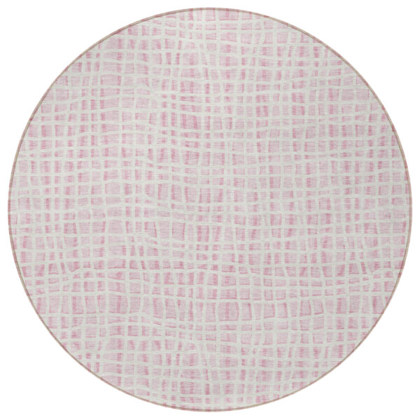 8' Pink And Ivory Round Striped Washable Indoor Outdoor Area Rug