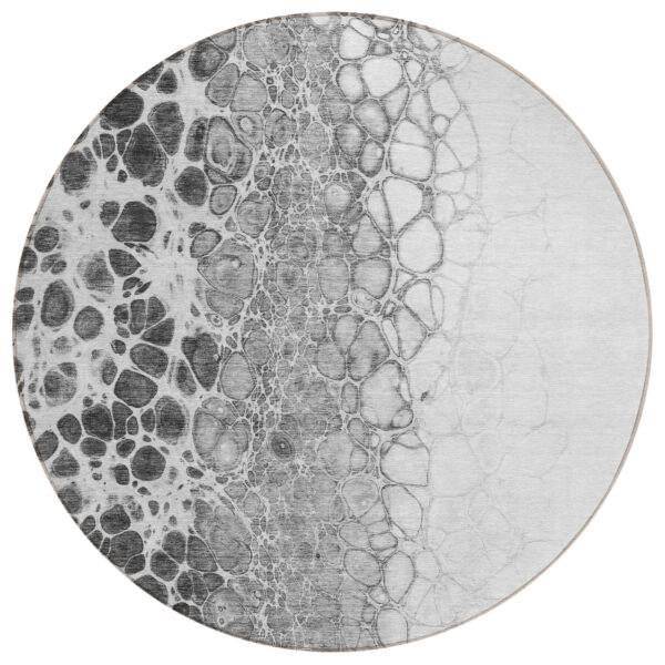 8' Gray Silver And Charcoal Round Abstract Washable Indoor Outdoor Area Rug