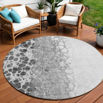 8' Gray Silver And Charcoal Round Abstract Washable Indoor Outdoor Area Rug