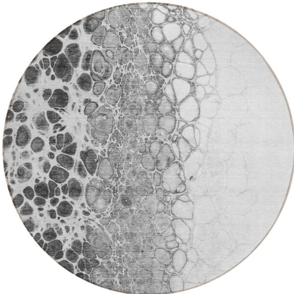8' Gray Silver And Charcoal Round Abstract Washable Indoor Outdoor Area Rug