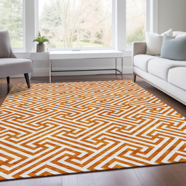 10' X 14' Orange And Ivory Geometric Washable Indoor Outdoor Area Rug