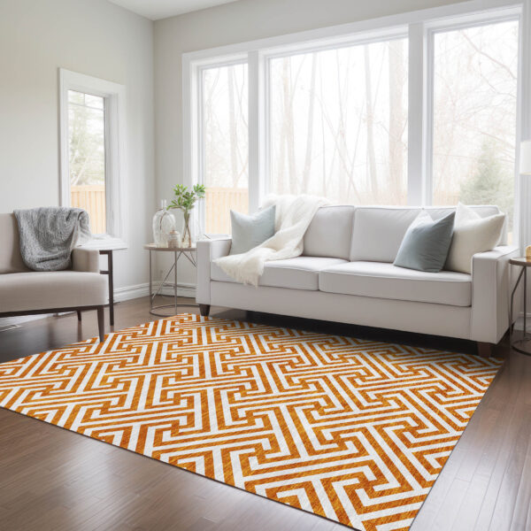 10' X 14' Orange And Ivory Geometric Washable Indoor Outdoor Area Rug