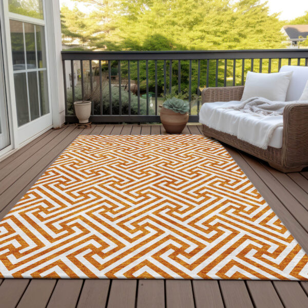 10' X 14' Orange And Ivory Geometric Washable Indoor Outdoor Area Rug