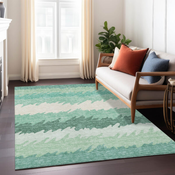 3' X 5' Sage Green And Ivory Striped Washable Indoor Outdoor Area Rug