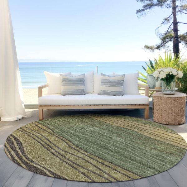 8' Olive Green And Chocolate Round Striped Washable Indoor Outdoor Area Rug