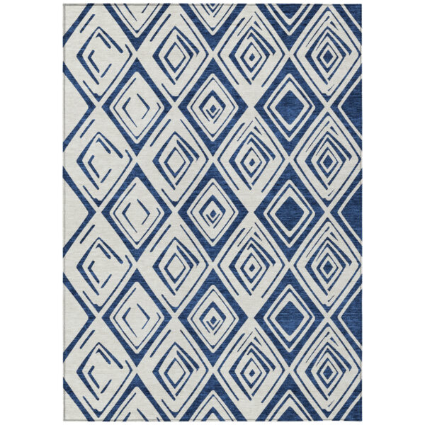 5' X 8' Navy Blue And Ivory Geometric Washable Indoor Outdoor Area Rug