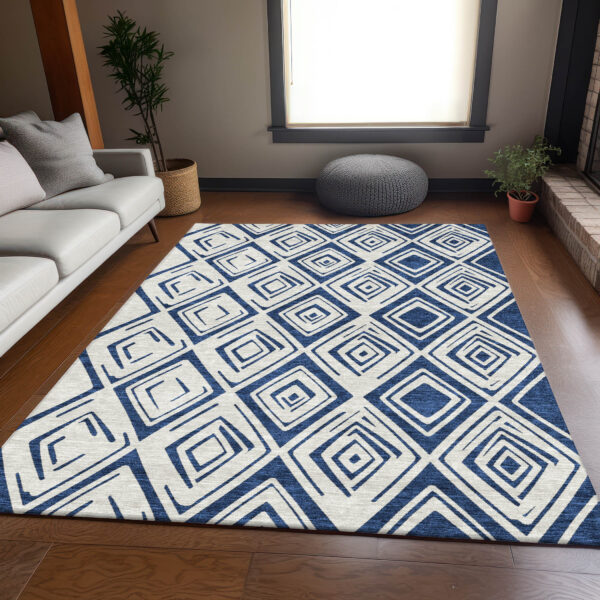 5' X 8' Navy Blue And Ivory Geometric Washable Indoor Outdoor Area Rug
