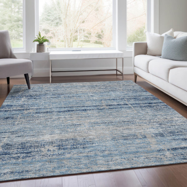 5' X 8' Sky Blue And Navy Blue Abstract Washable Indoor Outdoor Area Rug