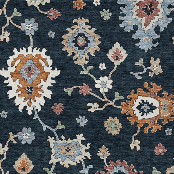 8' X 10' Black Blue And Ivory Floral Washable Indoor Outdoor Area Rug