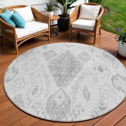 8' Silver Gray And Charcoal Round Moroccan Washable Indoor Outdoor Area Rug