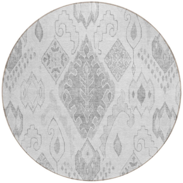 8' Silver Gray And Charcoal Round Moroccan Washable Indoor Outdoor Area Rug