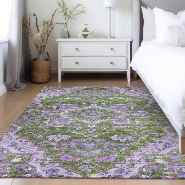 8' X 10' Olive Green And Purple Oriental Washable Indoor Outdoor Area Rug