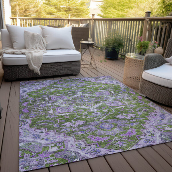 8' X 10' Olive Green And Purple Oriental Washable Indoor Outdoor Area Rug