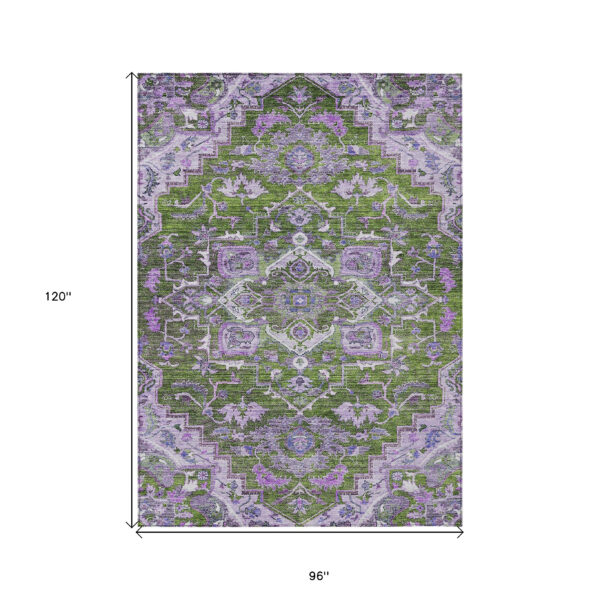 8' X 10' Olive Green And Purple Oriental Washable Indoor Outdoor Area Rug