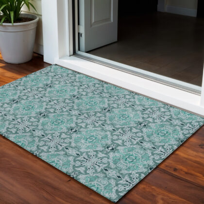3' X 5' Teal Blue And Aqua Medallion Washable Indoor Outdoor Area Rug