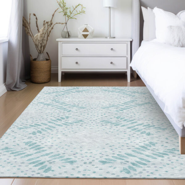 9' X 12' Teal Blue And Aqua Floral Washable Indoor Outdoor Area Rug