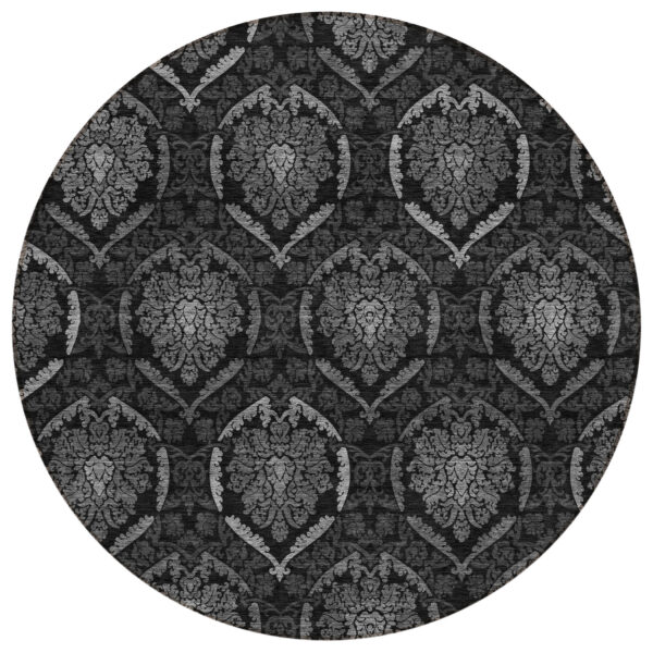 8' Gray Charcoal And Silver Round Medallion Washable Indoor Outdoor Area Rug