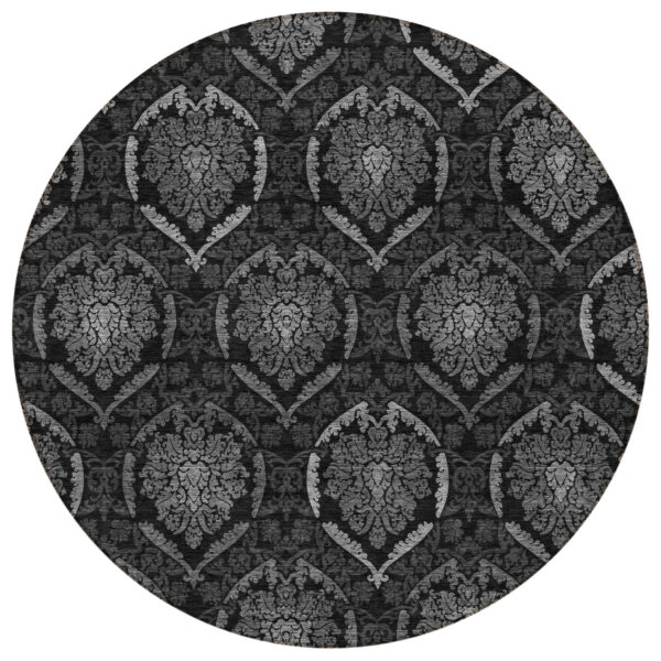 8' Gray Charcoal And Silver Round Medallion Washable Indoor Outdoor Area Rug