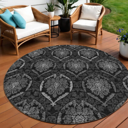 8' Gray Charcoal And Silver Round Medallion Washable Indoor Outdoor Area Rug