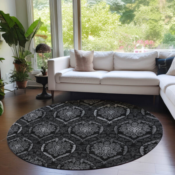 8' Gray Charcoal And Silver Round Medallion Washable Indoor Outdoor Area Rug