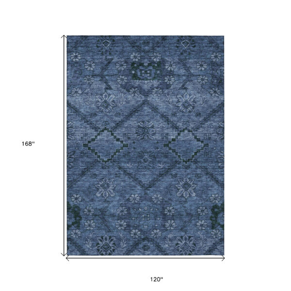 10' X 14' Navy Blue And Denim Blue Floral Washable Indoor Outdoor Area Rug