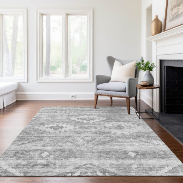 10' X 14' Silver Gray And Charcoal Southwestern Washable Indoor Outdoor Area Rug