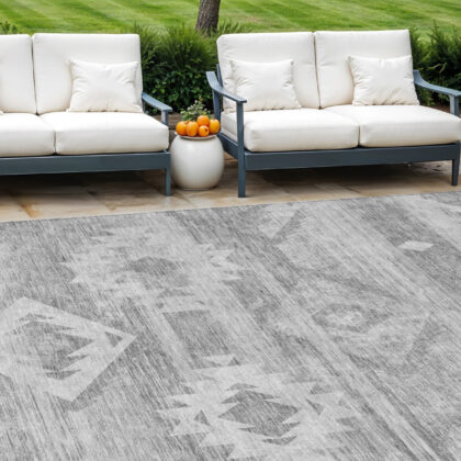 10' X 14' Silver Gray And Charcoal Southwestern Washable Indoor Outdoor Area Rug