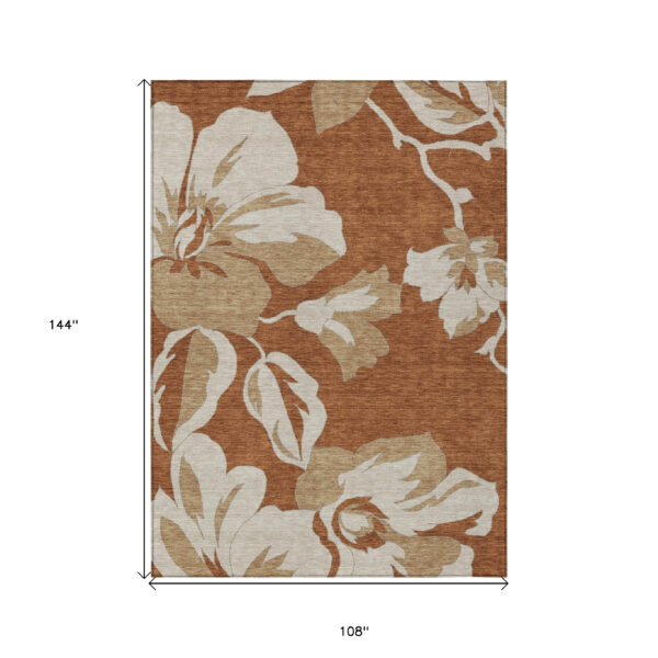 9' X 12' Terra Cotta And Beige Floral Washable Indoor Outdoor Area Rug