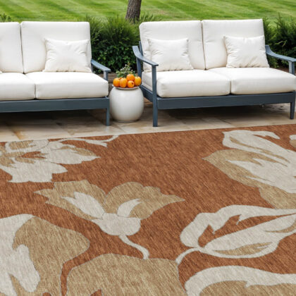 9' X 12' Terra Cotta And Beige Floral Washable Indoor Outdoor Area Rug