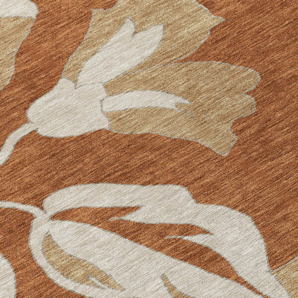9' X 12' Terra Cotta And Beige Floral Washable Indoor Outdoor Area Rug