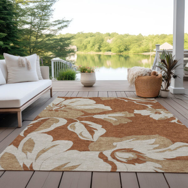 9' X 12' Terra Cotta And Beige Floral Washable Indoor Outdoor Area Rug