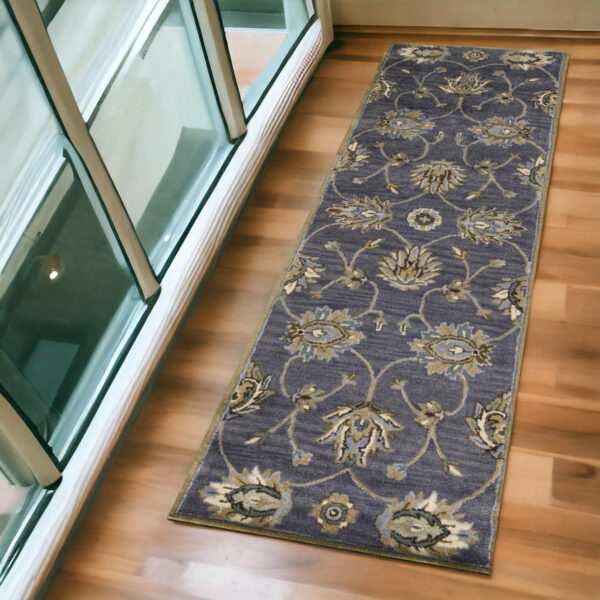 7' Midnight Blue Hand Tufted Wool Traditional Floral Indoor Runner Rug