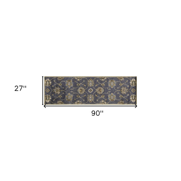 7' Midnight Blue Hand Tufted Wool Traditional Floral Indoor Runner Rug