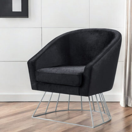 29" Black And Silver Velvet Barrel Chair