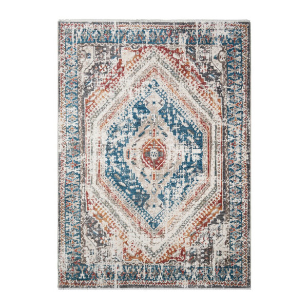 8' x 10' Teal Taupe and Rust Geometric Distressed Area Rug With Fringe