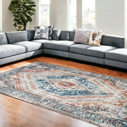 8' x 10' Teal Taupe and Rust Geometric Distressed Area Rug With Fringe
