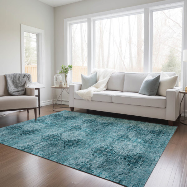 3' X 5' Teal Floral Medallion Washable Non Skid Indoor Outdoor Area Rug