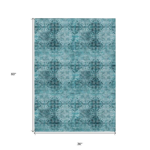 3' X 5' Teal Floral Medallion Washable Non Skid Indoor Outdoor Area Rug