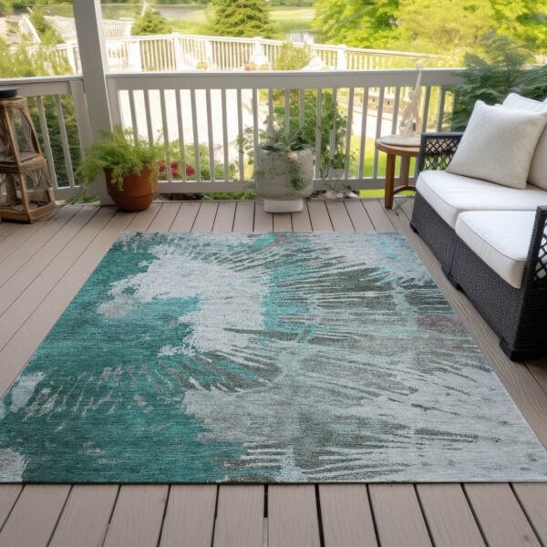 3' X 5' Dark Green Aqua And Gray Abstract Washable Indoor Outdoor Area Rug
