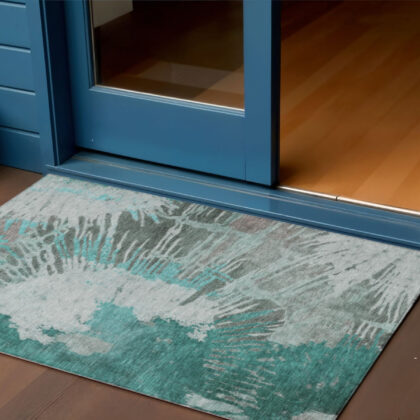 3' X 5' Dark Green Aqua And Gray Abstract Washable Indoor Outdoor Area Rug