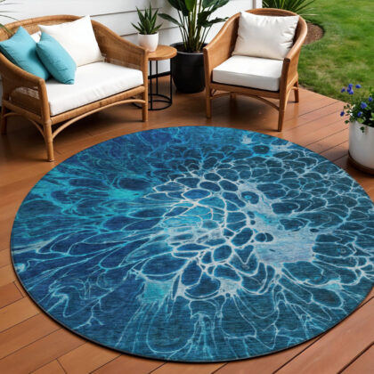 8' Navy Blue And Sky Blue Round Abstract Washable Indoor Outdoor Area Rug