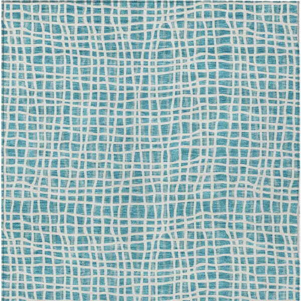 8' X 10' Teal Blue And Ivory Striped Washable Indoor Outdoor Area Rug