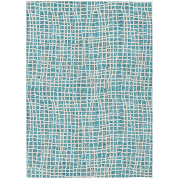 8' X 10' Teal Blue And Ivory Striped Washable Indoor Outdoor Area Rug