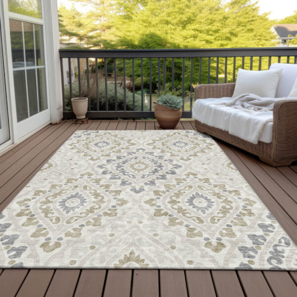 9' X 12' Ivory Beige And Gray Floral Washable Indoor Outdoor Area Rug
