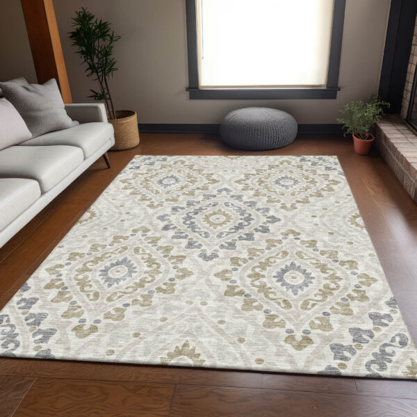 9' X 12' Ivory Beige And Gray Floral Washable Indoor Outdoor Area Rug