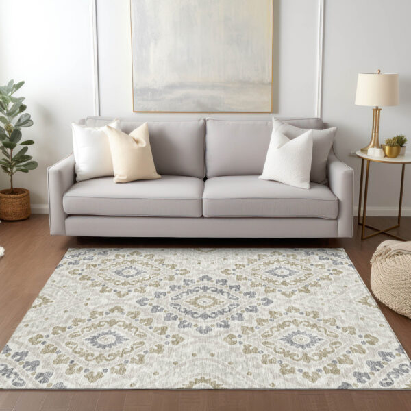 9' X 12' Ivory Beige And Gray Floral Washable Indoor Outdoor Area Rug