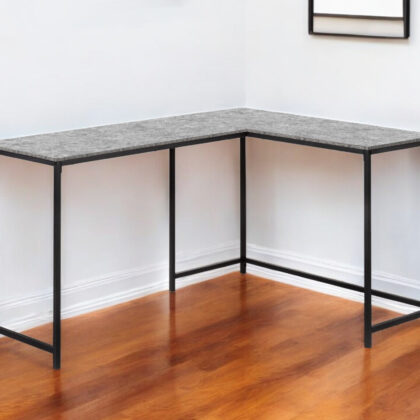 58" Gray and Black Faux Stone Wood And Metal Corner Computer Desk